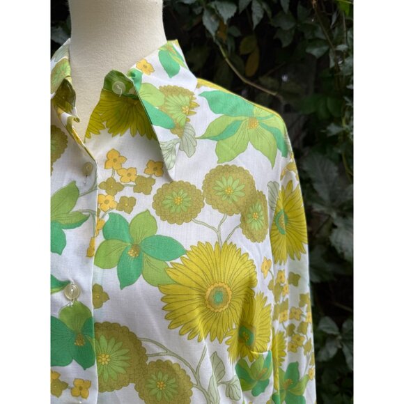 70s Dagger Collar Flower Power Shirt Green Yellow Sheer Floral Volup Custom Made - Picture 2 of 10